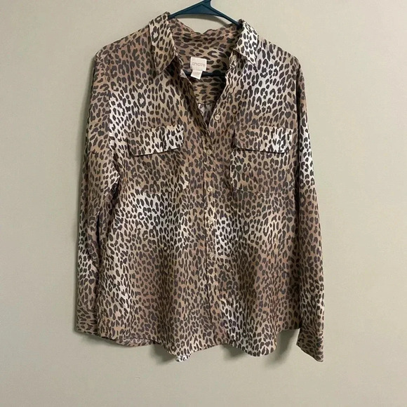 Chico’s Button Down Shirt Brown Tan Cheetah Print Pockets Size 2 Medium 12 - Picture 1 of 6